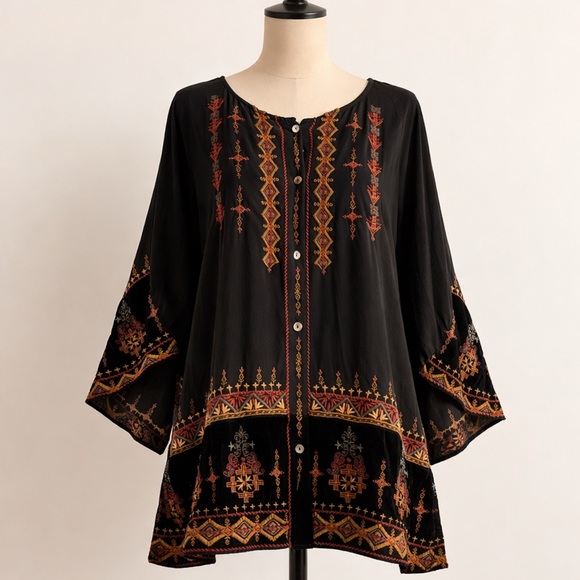 JOHNNY WAS VIKA EMBROIDERED boho SILK velvet blouse L - Picture 15 of 15